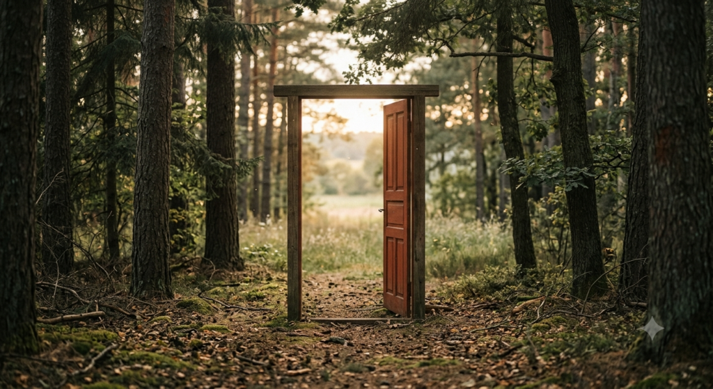 Geöffnete Tür, die auf einem Waldweg steht, der auf eine lichte Öffnung zu führt, die symbolisch für die innere Helle und Weite steht, die durch die ISTDP Therapie erreicht werden kann.